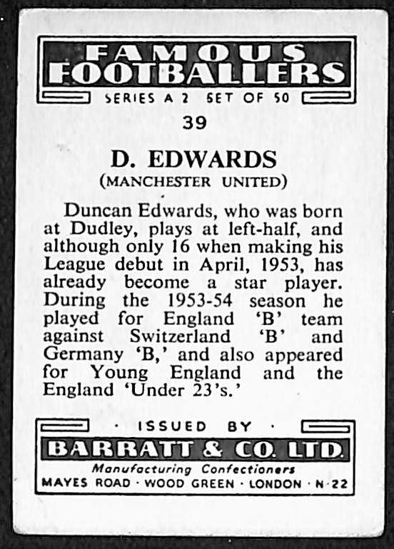 Barratt Famous Footballers #39 Duncan Edwards A2 Rookie back