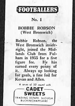 Cadet Sweets Footballers 1 Bobby Robson West Bromwich Albion back
