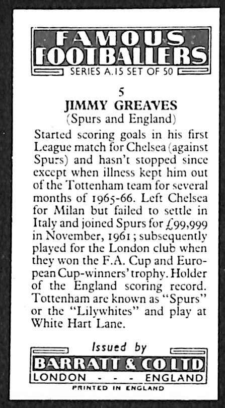 Barratt and Co Famous Footballers Series A15 #5 Jimmy Greaves back