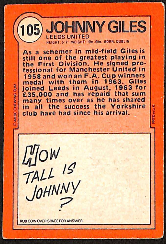 A&BC Footballers Orange Red Back 105 Johnny Giles Leeds United back