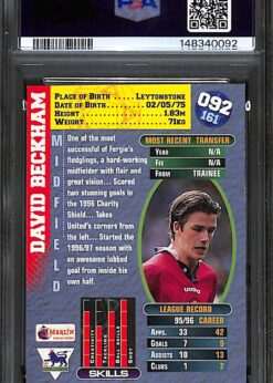 Merlin Premier Gold #92 David Beckham PSA 8 Rookie Card cert # 148340092 back