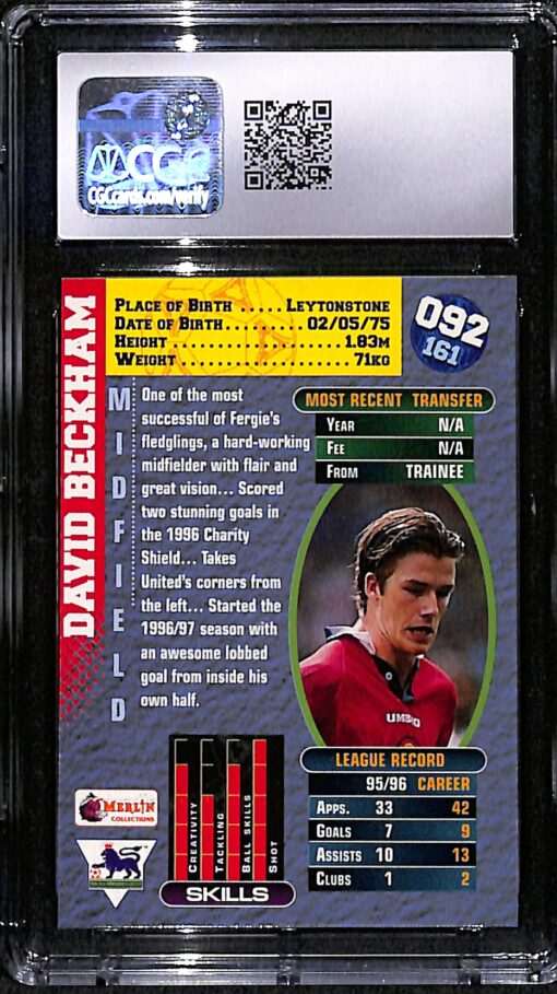 1996-97 Merlin Premier Gold Card 92 David Beckham Rookie CGC 10