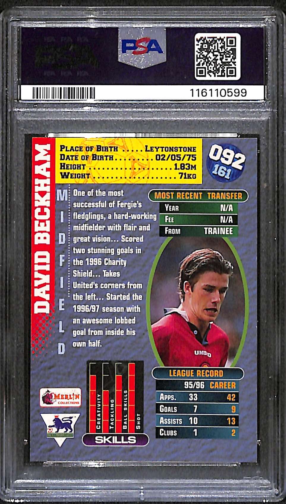 1996-97 Merlin's Premier Gold Card 92 David Beckham Rookie PSA 9 - Image 2