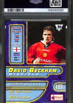 1996-97 Merlin Premier Gold #92 David Beckham PSA 8 This David Beckham card is number 92 from the 1996-97 Merlin Premier Gold collection, covering the 1996-97 Premier League season. Merlin Premier Gold was a premium trading card set produced annually during the late 1990s, featuring foil card designs across the Premier League. The 1996-97 season was Beckham's breakthrough campaign. On the opening day, he announced himself to the world with a spectacular goal from the halfway line against Wimbledon at Selhurst Park, lobbing goalkeeper Neil Sullivan from inside his own half. The strike was voted the 18th greatest sporting moment of all time in a Channel 4 poll. Beckham was given the number 10 shirt previously worn by Mark Hughes and established himself as an automatic first choice on the right side of Manchester United's midfield. He helped United retain the Premier League title and was voted PFA Young Player of the Year by his fellow professionals. Prior to the following season, he inherited the iconic number 7 shirt worn by George Best and Eric Cantona, cementing his status as one of the most recognisable players in world football. Features Card number 92 from the 1996-97 Merlin Premier Gold set. Features David Beckham during his breakthrough season at Manchester United. Graded PSA 8 Near Mint to Mint by Professional Sports Authenticator. Specifications Player: David Beckham Team: Manchester United Card Number: #92 Card Type: Base Serial Number: Unnumbered Season: 1996-97 Manufacturer: Merlin Series: Premier Gold Condition and Shipping This card has been graded PSA 8 Near Mint to Mint by Professional Sports Authenticator and is encapsulated in a protective slab. Shipped securely packaged and sent via tracked Royal Mail. All cards are carefully handled to ensure safe delivery. Free delivery on all orders over £9.95.