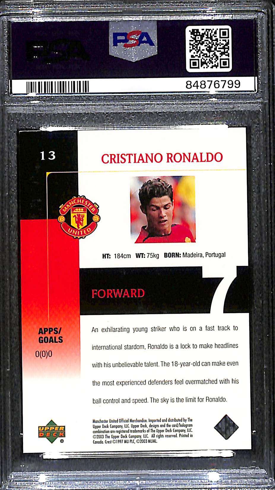 2003 Upper Deck Manchester United #13 Cristiano Ronaldo PSA 9 - Image 2