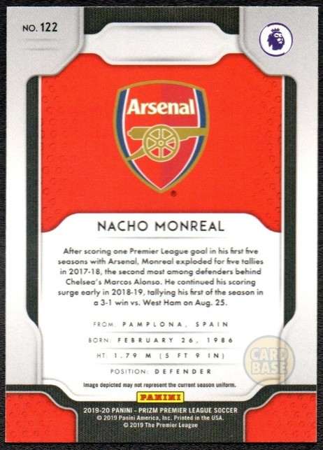 Nacho Monreal #122 - Arsenal Panini Prizm Base Card 2019-20 - Image 2