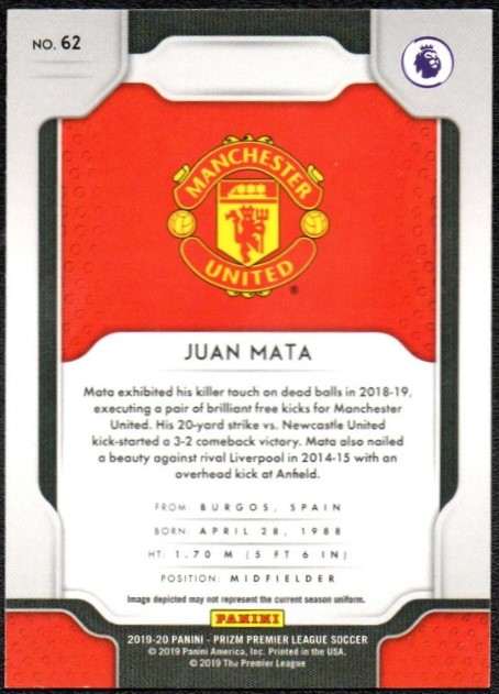 Juan Mata #62 - Manchester United Panini Prizm Base Card 2019-20 - Image 2