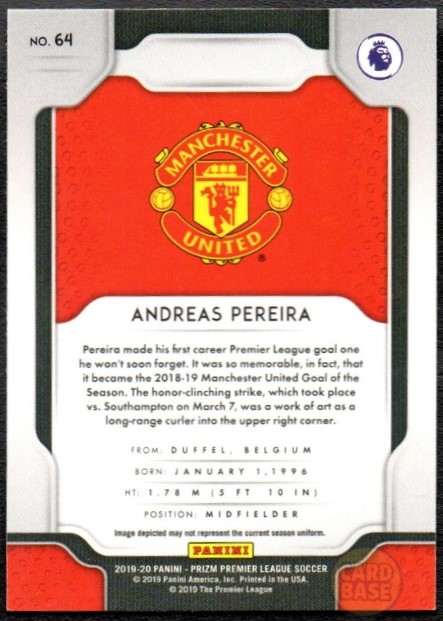 Andreas Pereira #64 - Manchester United Panini Prizm Base Card 2019-20 - Image 2