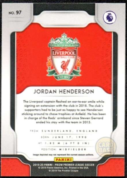 Jordan Henderson #97 - Liverpool FC Panini Prizm Base Card 2019-20 - Image 2