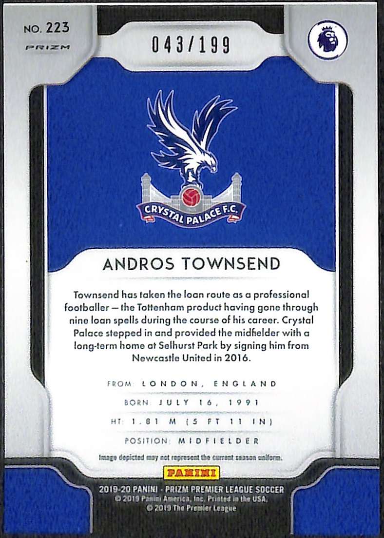 2019-20 Panini Prizm EPL Blue Prizm Card 223 Andros Townsend 43/199 - Image 2