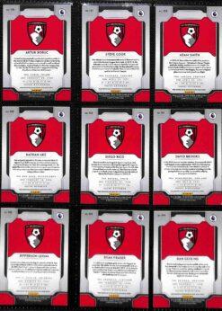 2019‑20 Panini Prizm Premier League AFC Bournemouth team set card backs page 1 with badge and stats