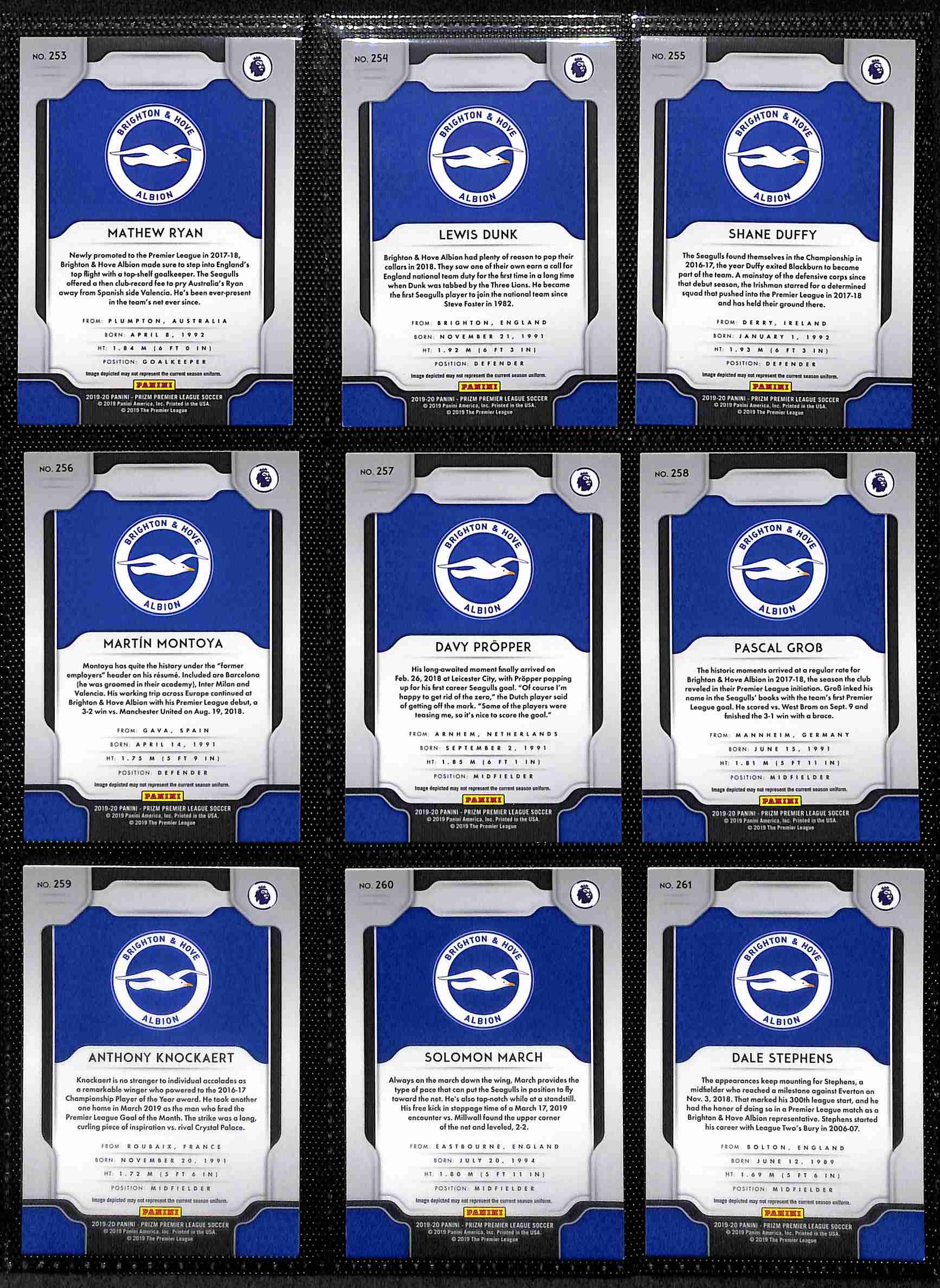 2019‑20 Panini Prizm Premier League Brighton & Hove Albion team set card backs page 1 with badge and stats