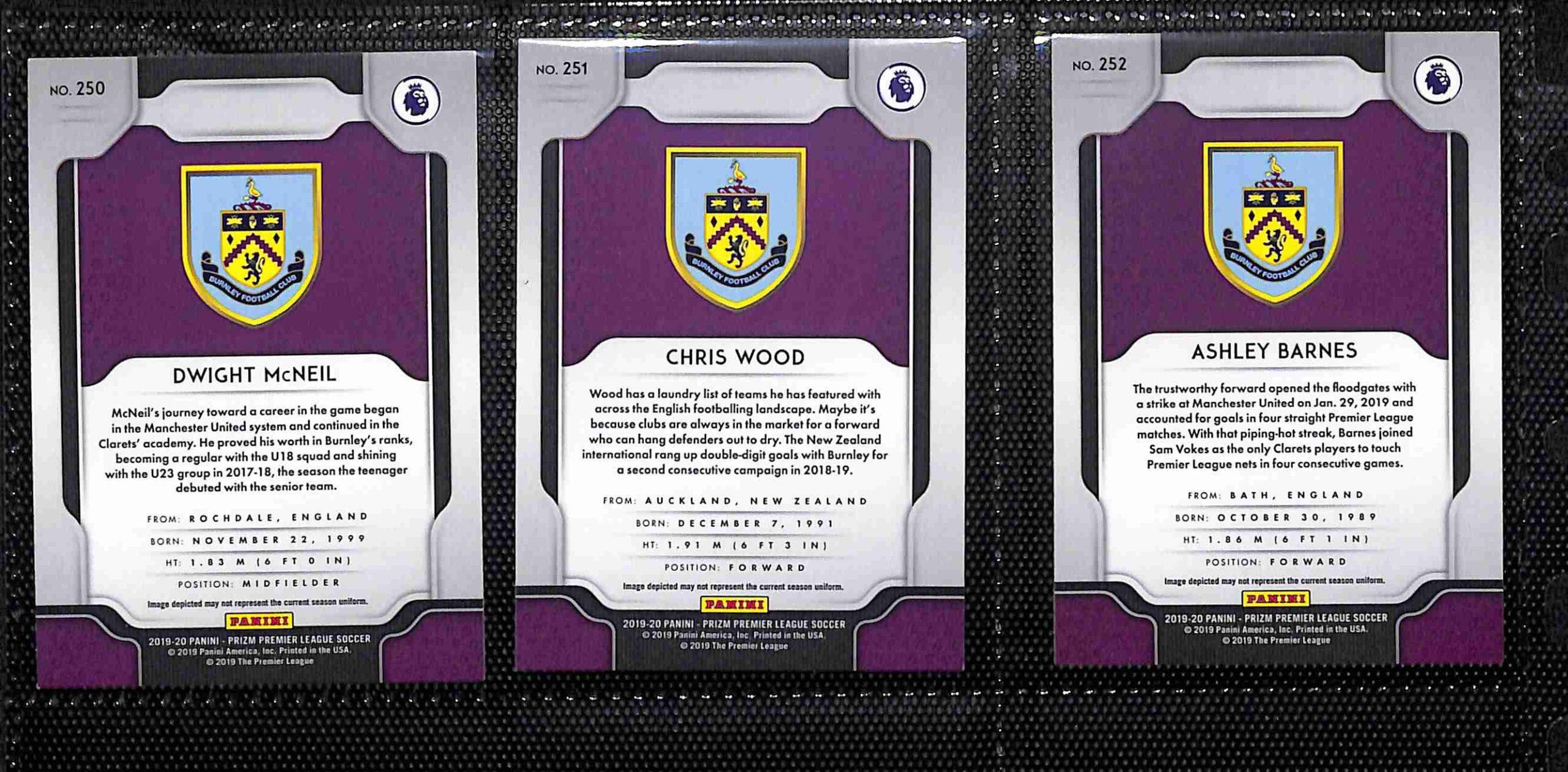 2019‑20 Panini Prizm Premier League Burnley team set card backs page 2 with badge and stats