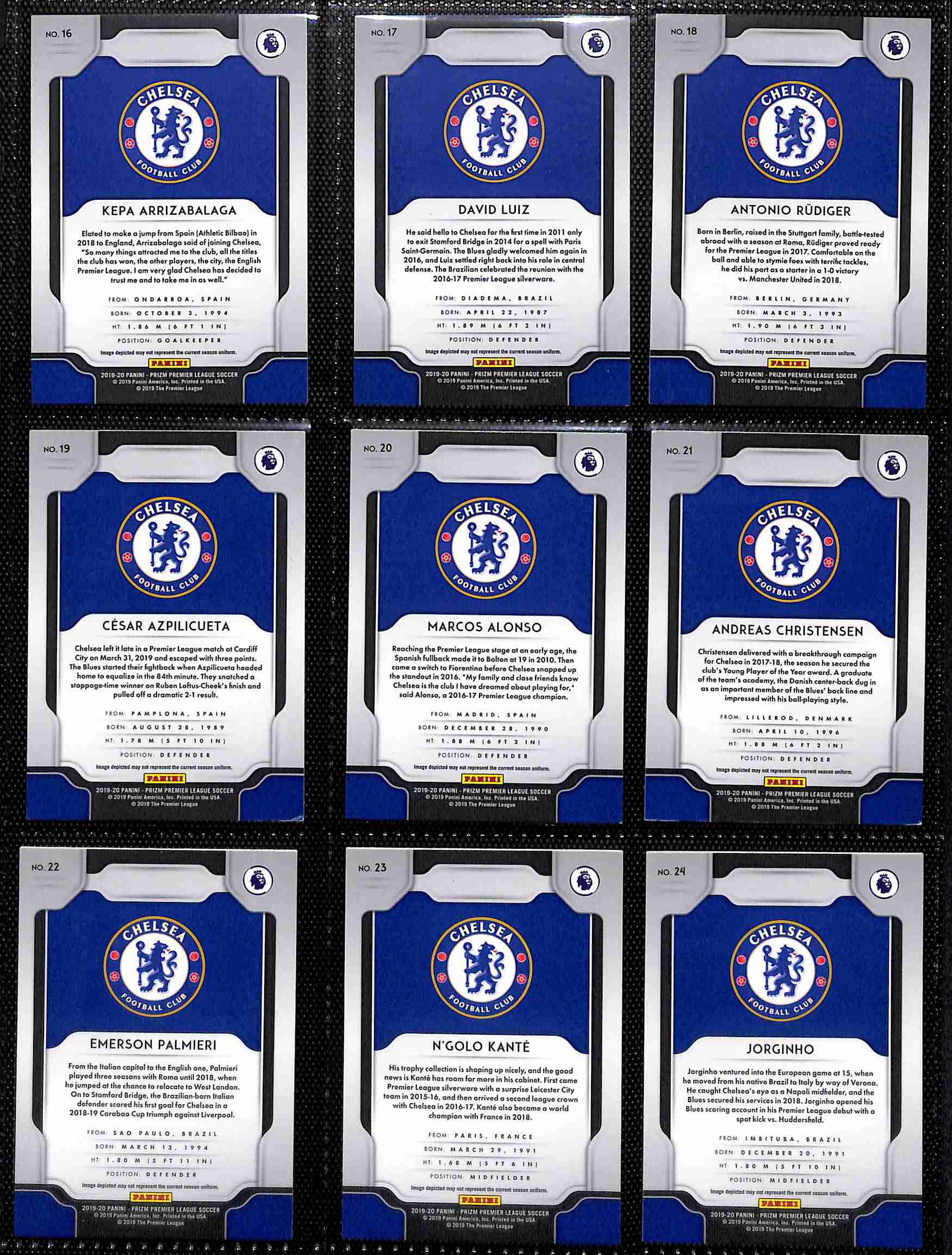 2019‑20 Panini Prizm Premier League Chelsea team set card backs page 1 with badge and stats