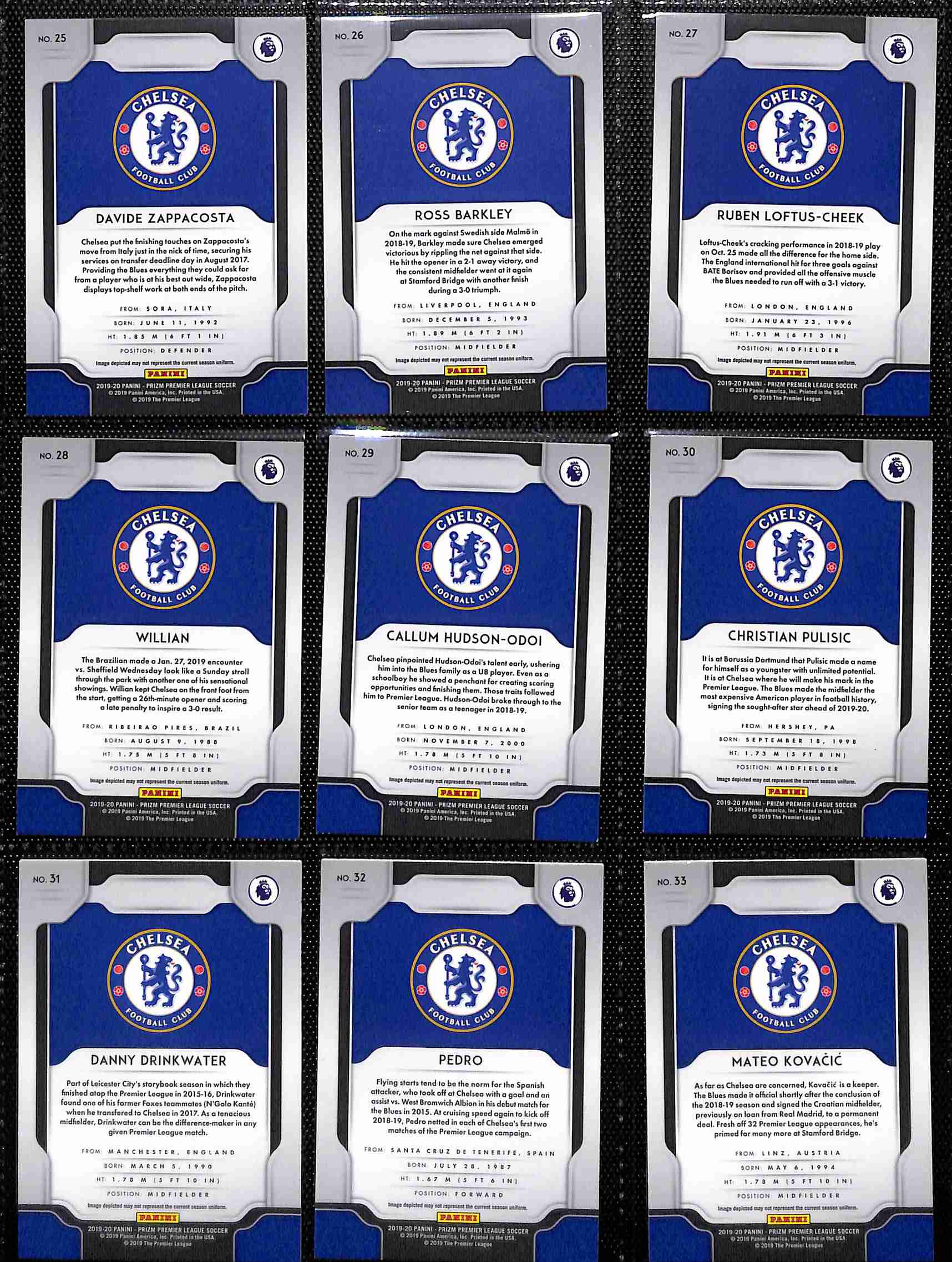2019‑20 Panini Prizm Premier League Chelsea team set card backs page 2 with badge and stats
