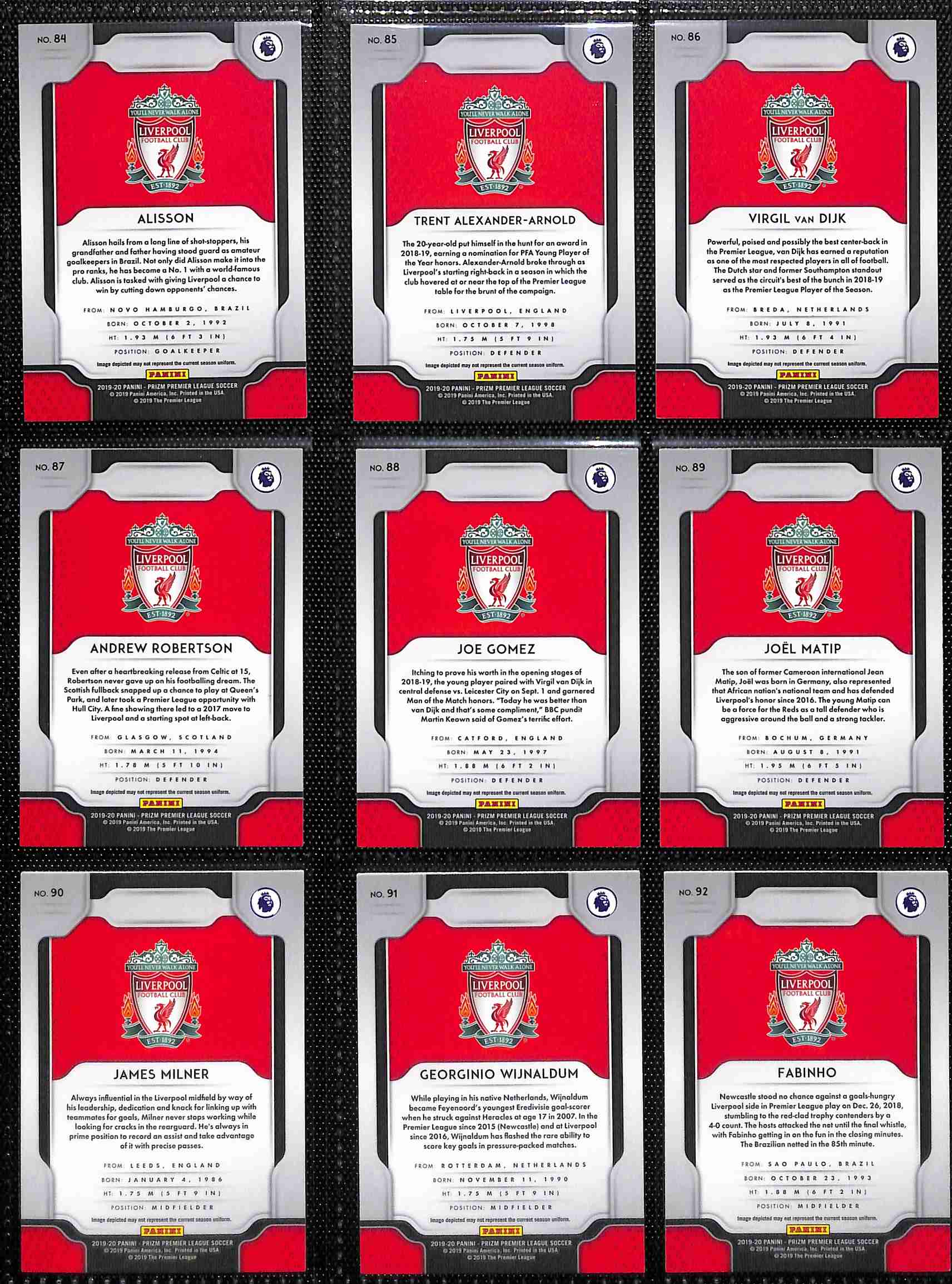 2019-20 Panini Prizm Premier League Liverpool team set card backs page 1 with badge and stats