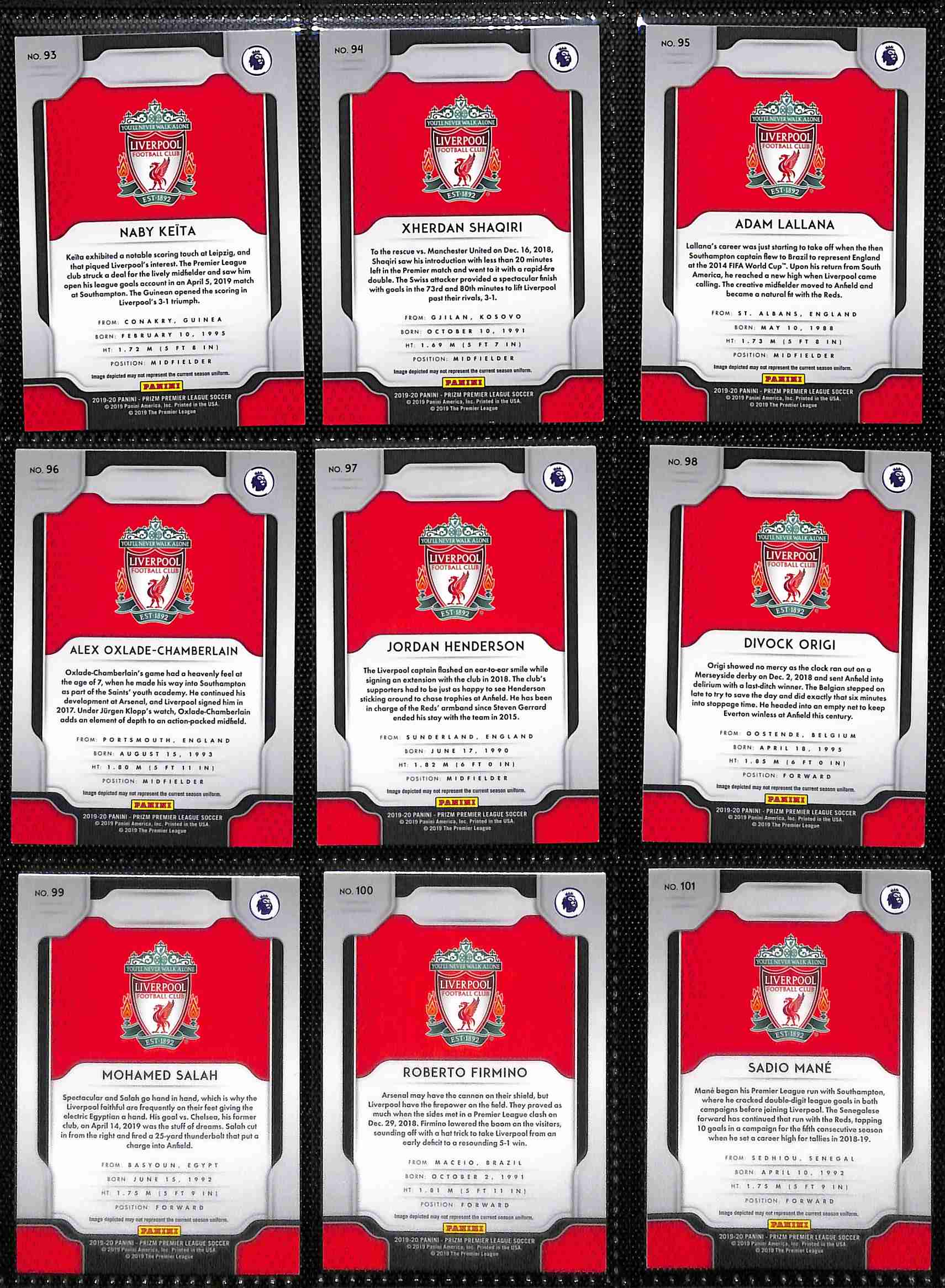 2019-20 Panini Prizm Premier League Liverpool team set card backs page 2 with badge and stats