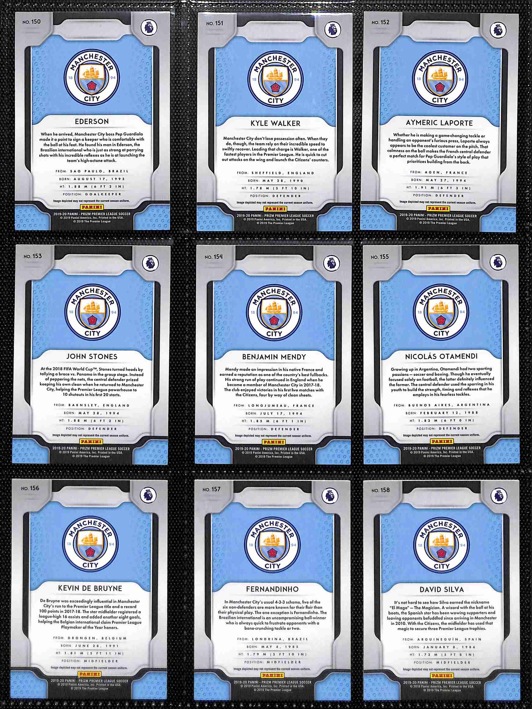 2019-20 Panini Prizm Premier League Manchester City team set card backs page 1 with badge and stats