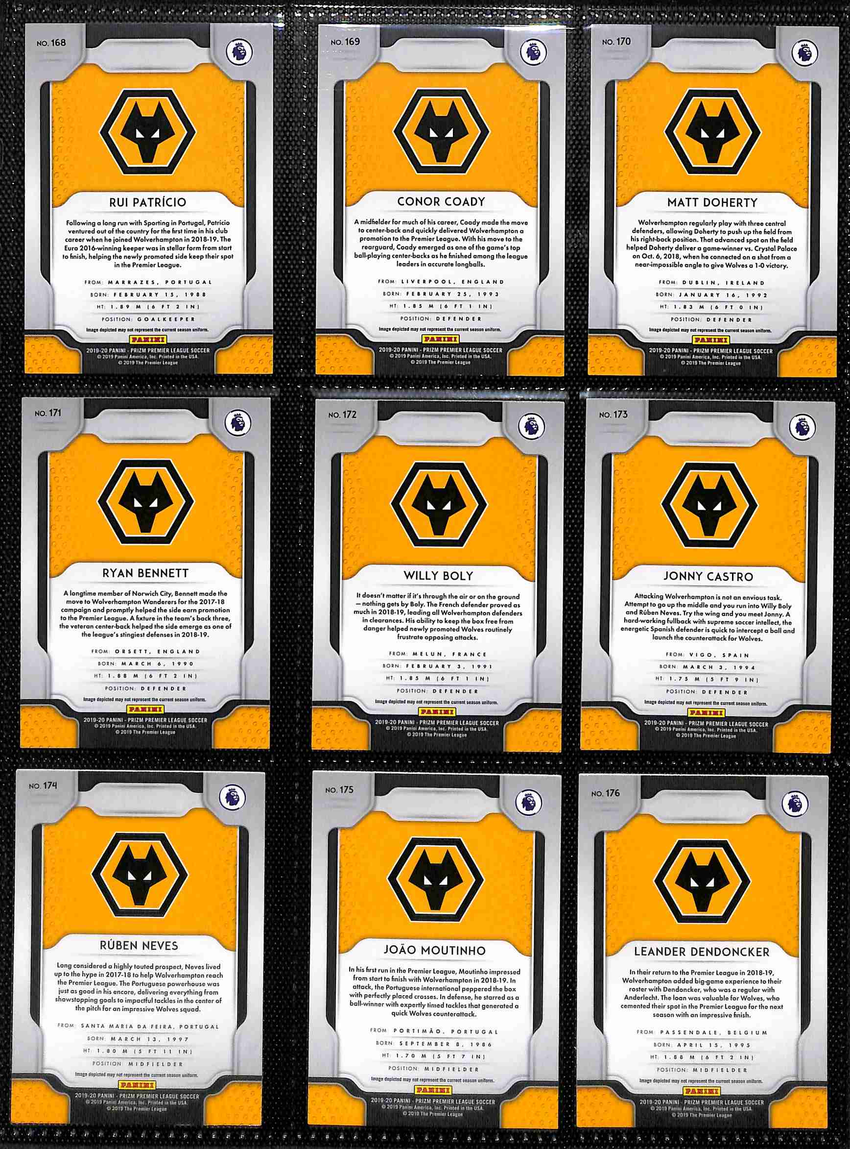 2019-20 Panini Prizm Premier League Wolverhampton Wanderers team set card backs page 1 with badge and stats