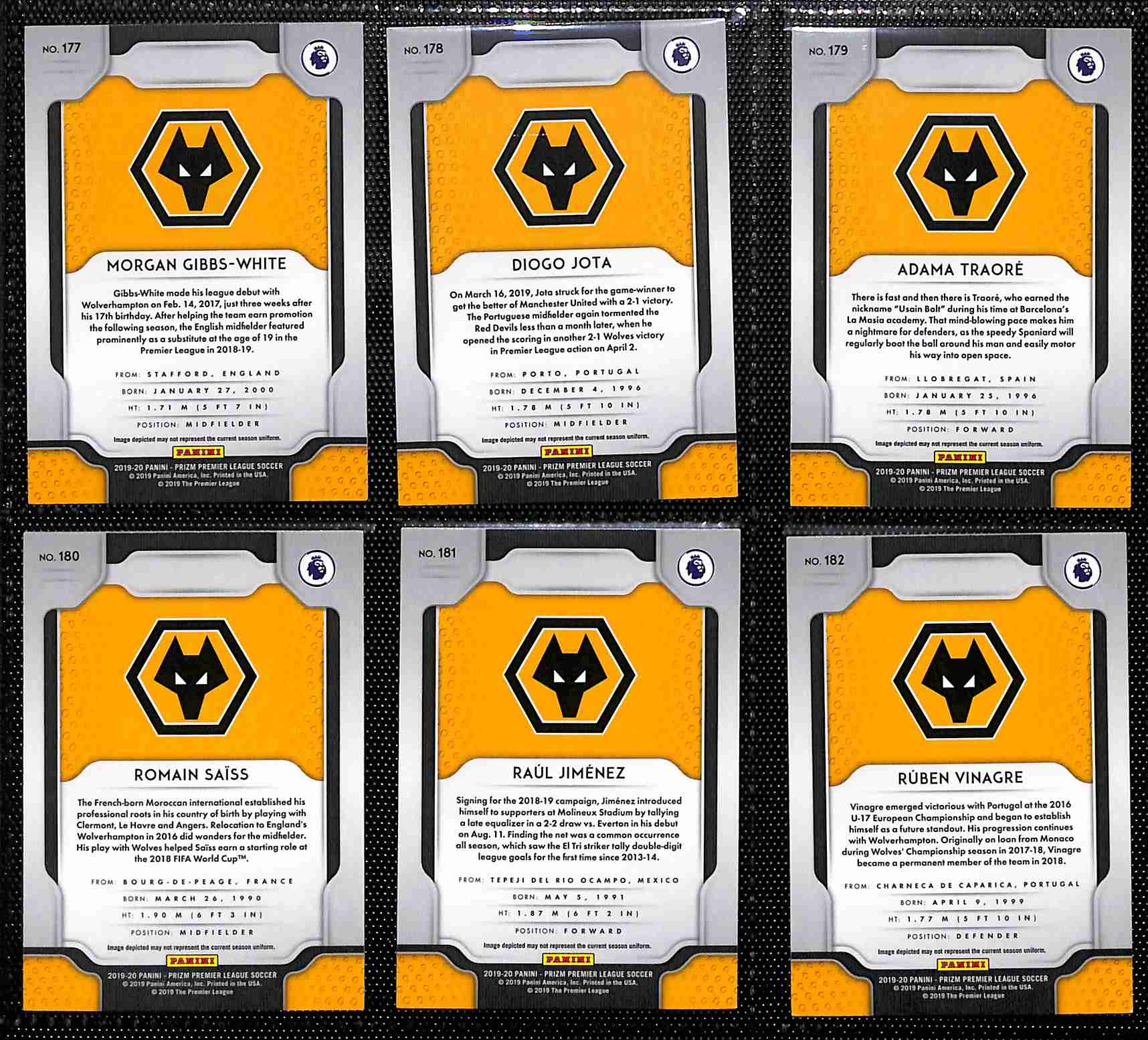 2019-20 Panini Prizm Premier League Wolverhampton Wanderers team set card backs page 2 with badge and stats