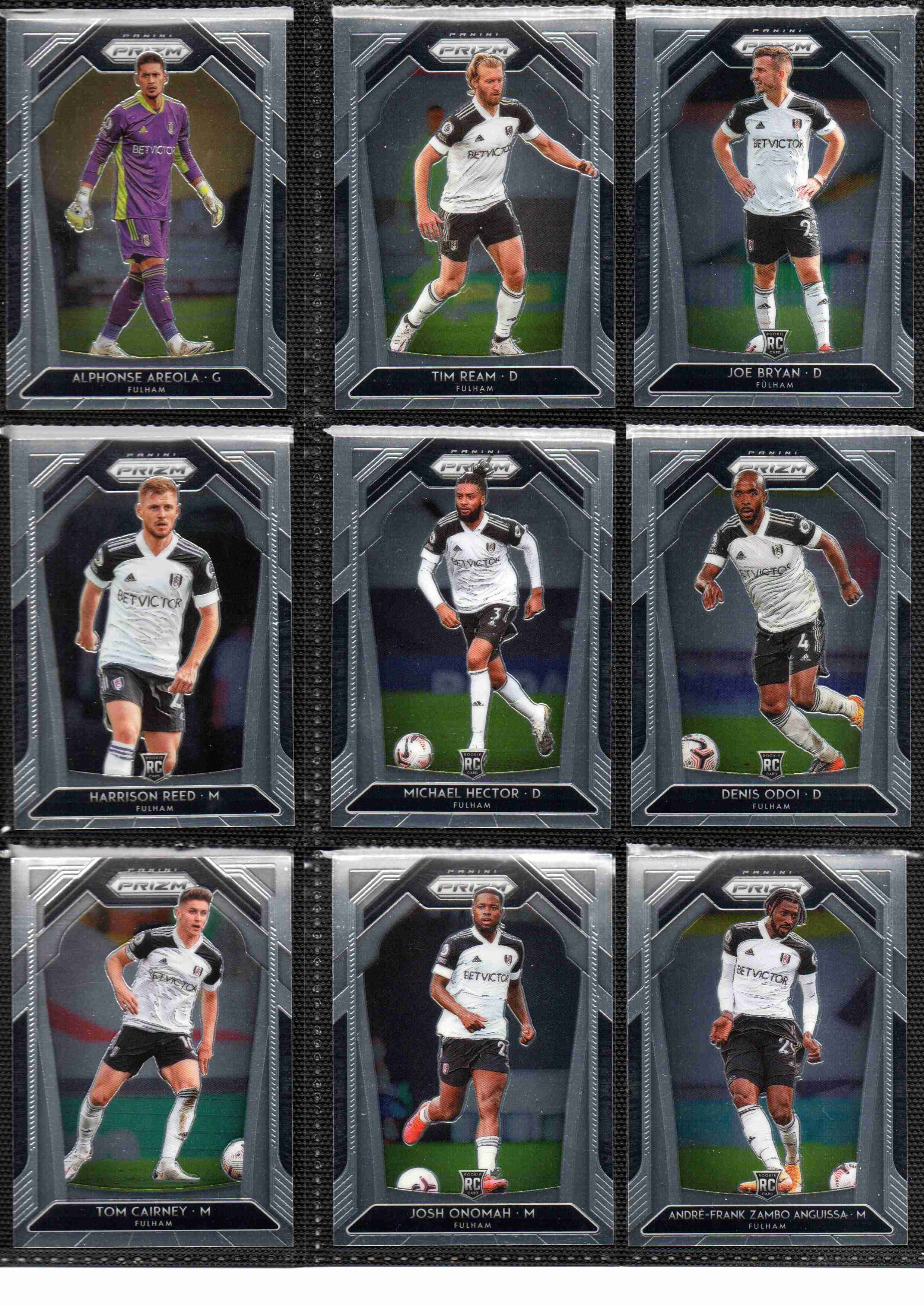 2020‑21 Panini Prizm Premier League Fulham team set card fronts page 1 with player images