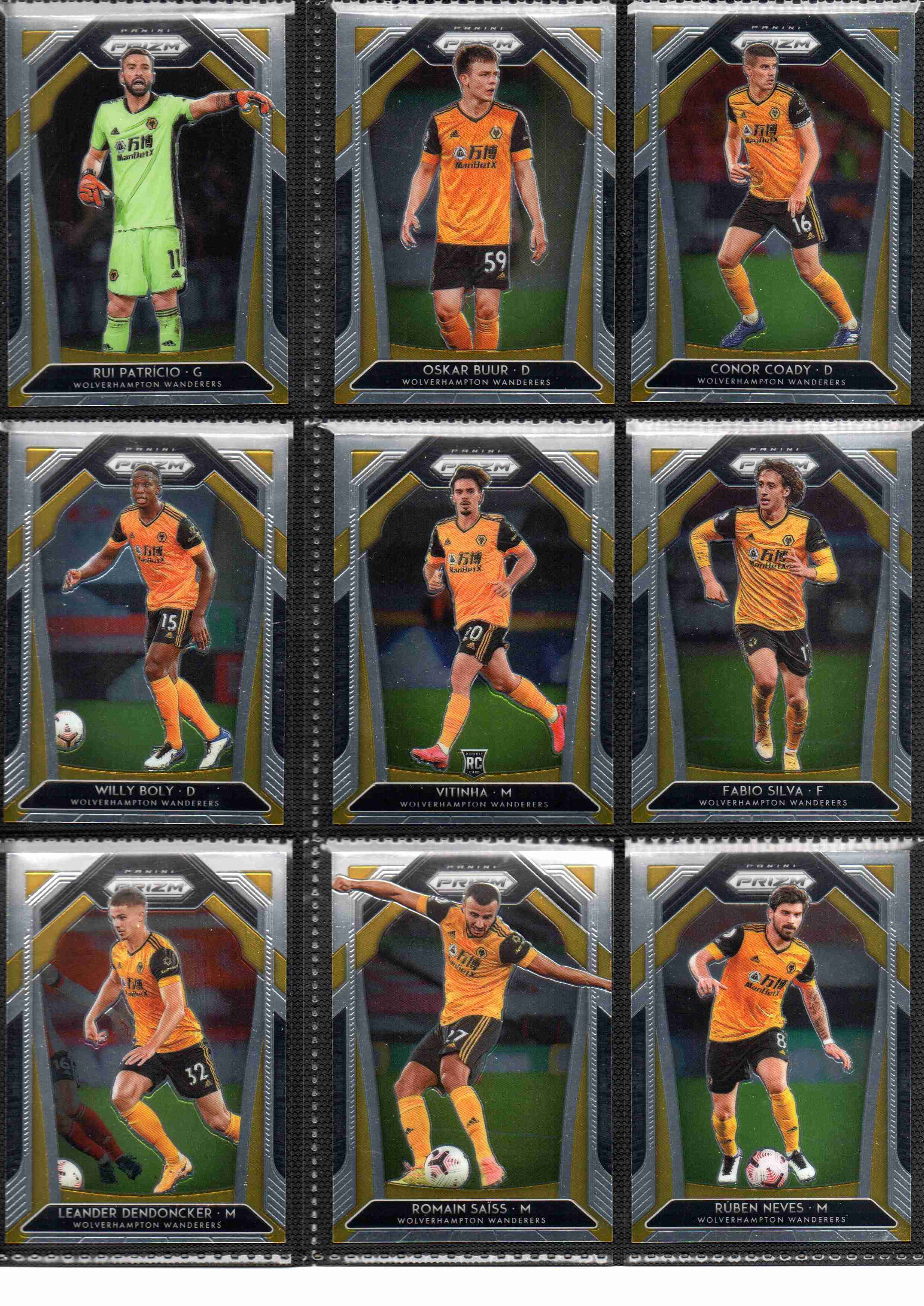 2020‑21 Panini Prizm Premier League Wolverhampton Wanderers team set card fronts page 1 with player images