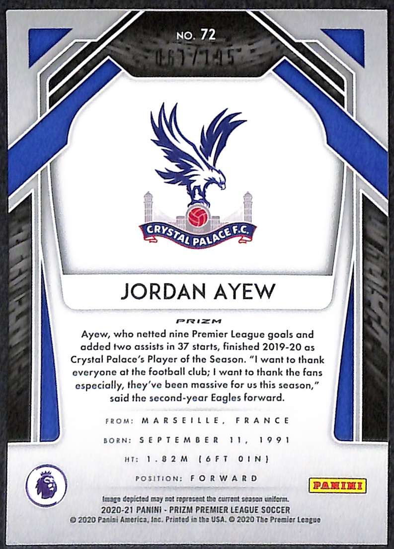 2020-21 Panini Prizm Premier League Blue Breakaway Card 72 Jordan Ayew 61/195 - Image 2