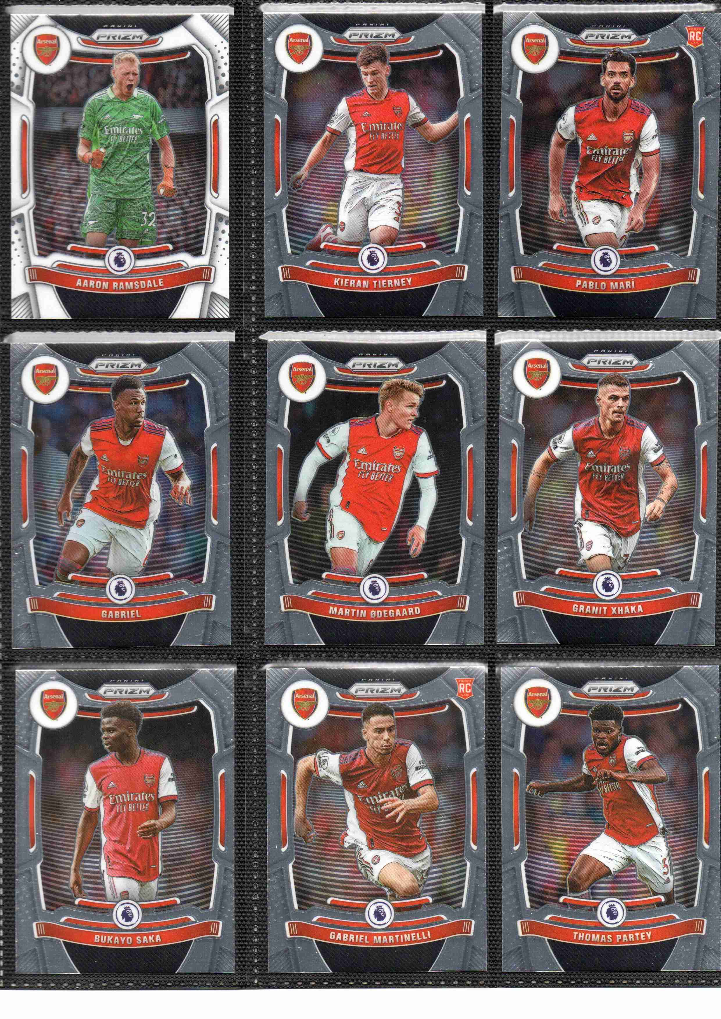 Arsenal 2021-22 Panini Prizm Premier League team set page 1 showing card fronts