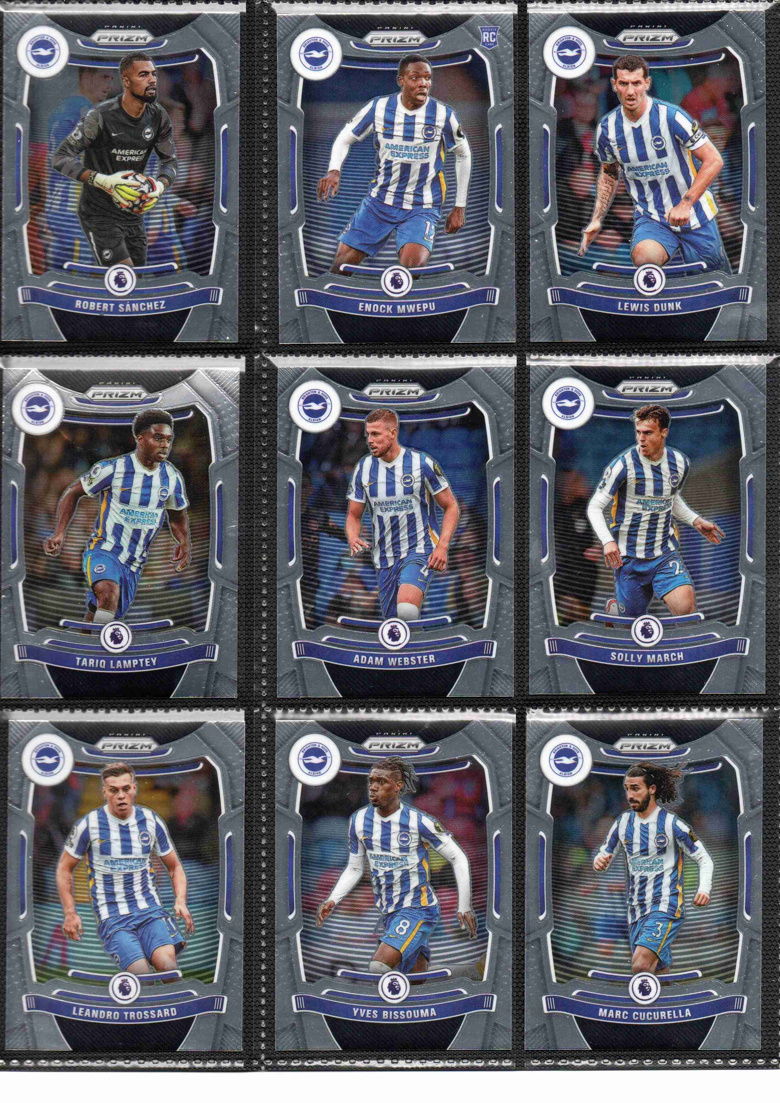 Brighton & Hove Albion 2021-22 Panini Prizm Premier League team set page 1 showing card fronts