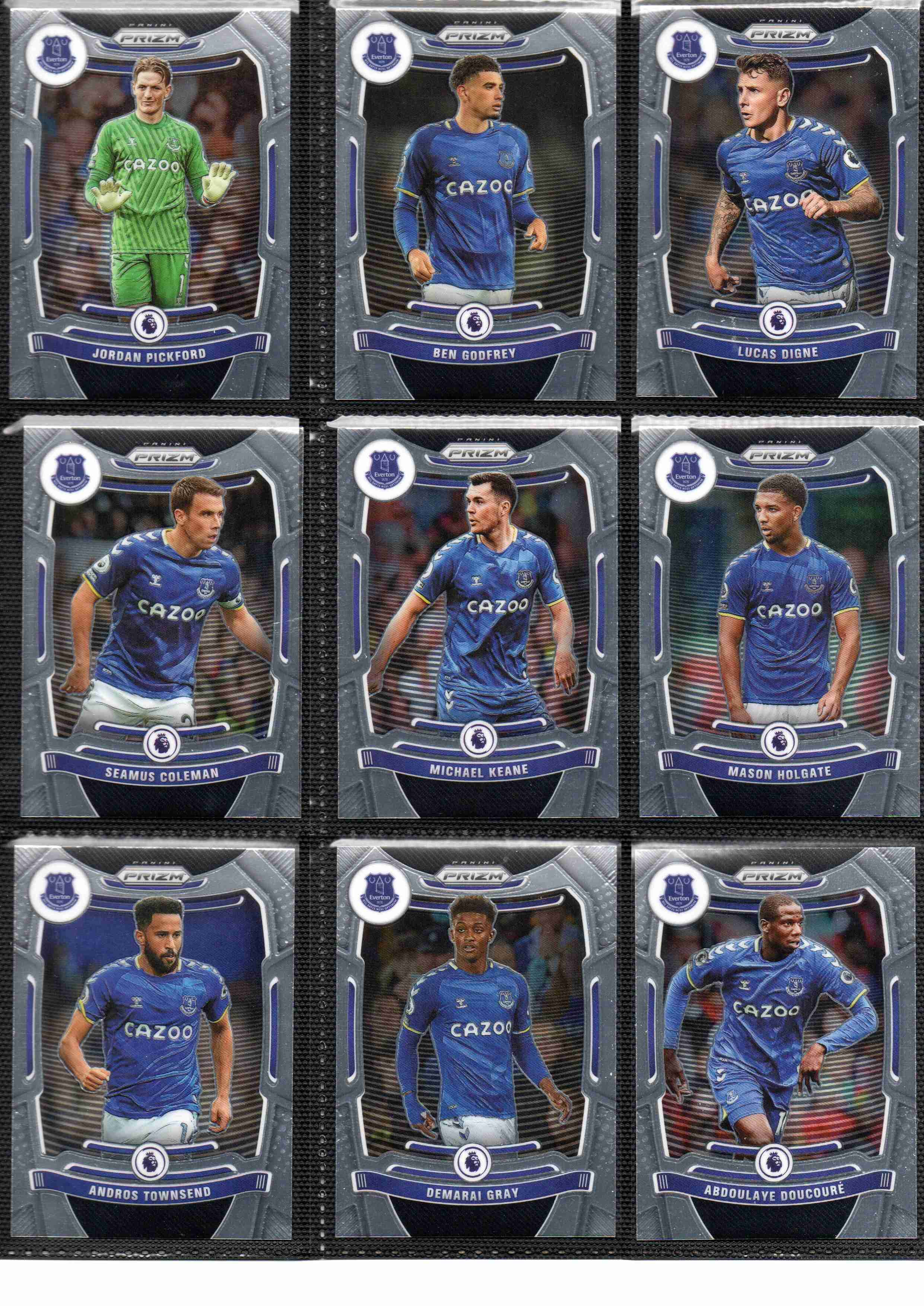 Everton 2021-22 Panini Prizm Premier League team set page 1 showing card fronts