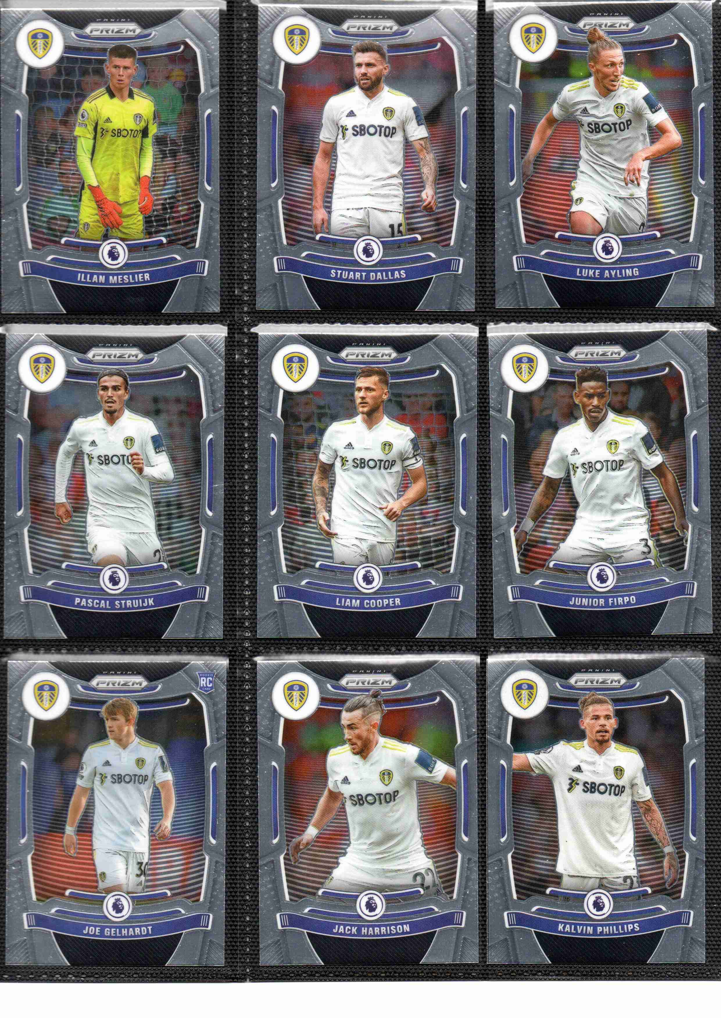 Leeds United 2021-22 Panini Prizm Premier League team set page 1 showing card fronts