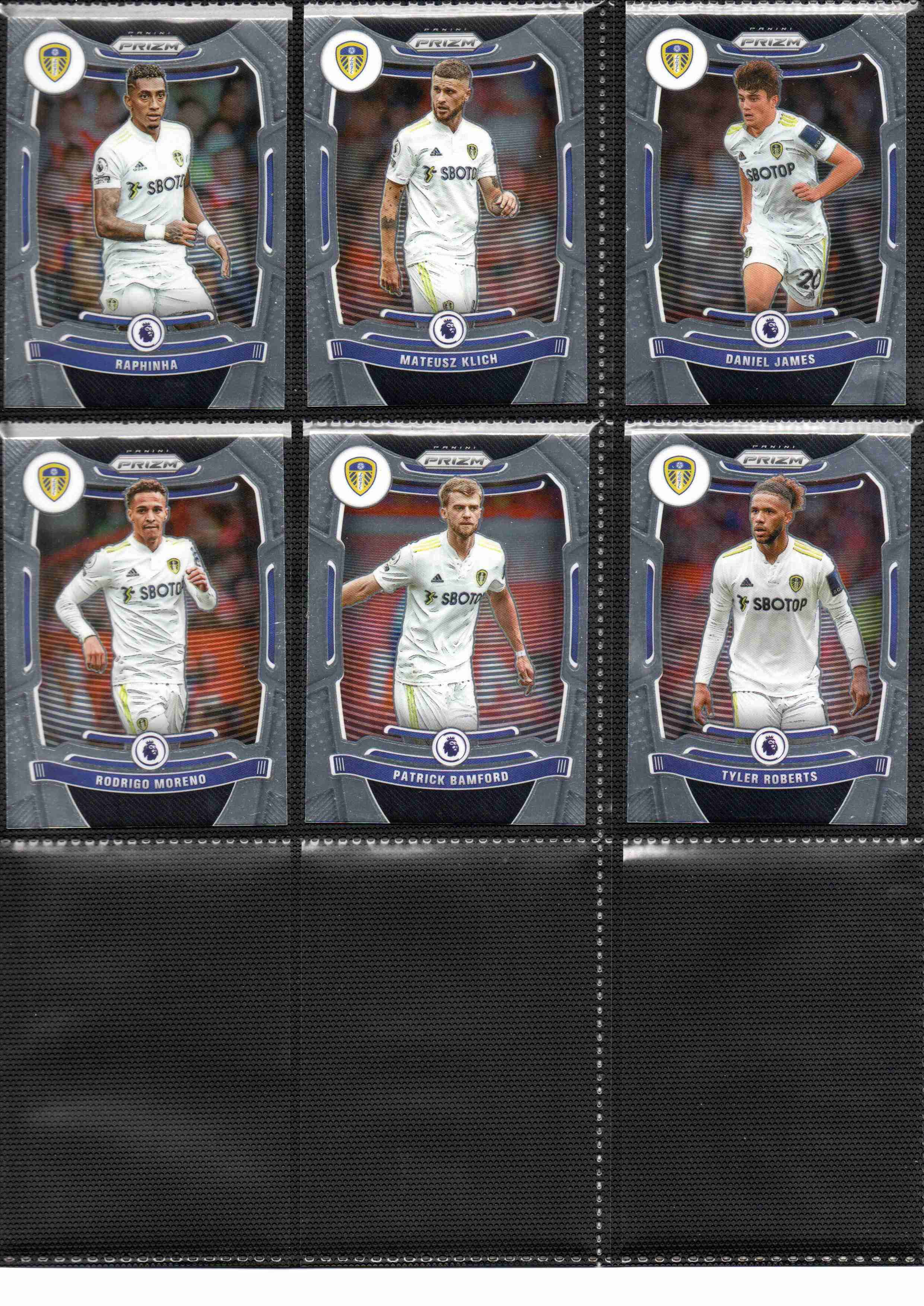 Leeds United 2021-22 Panini Prizm Premier League team set page 2 showing card fronts