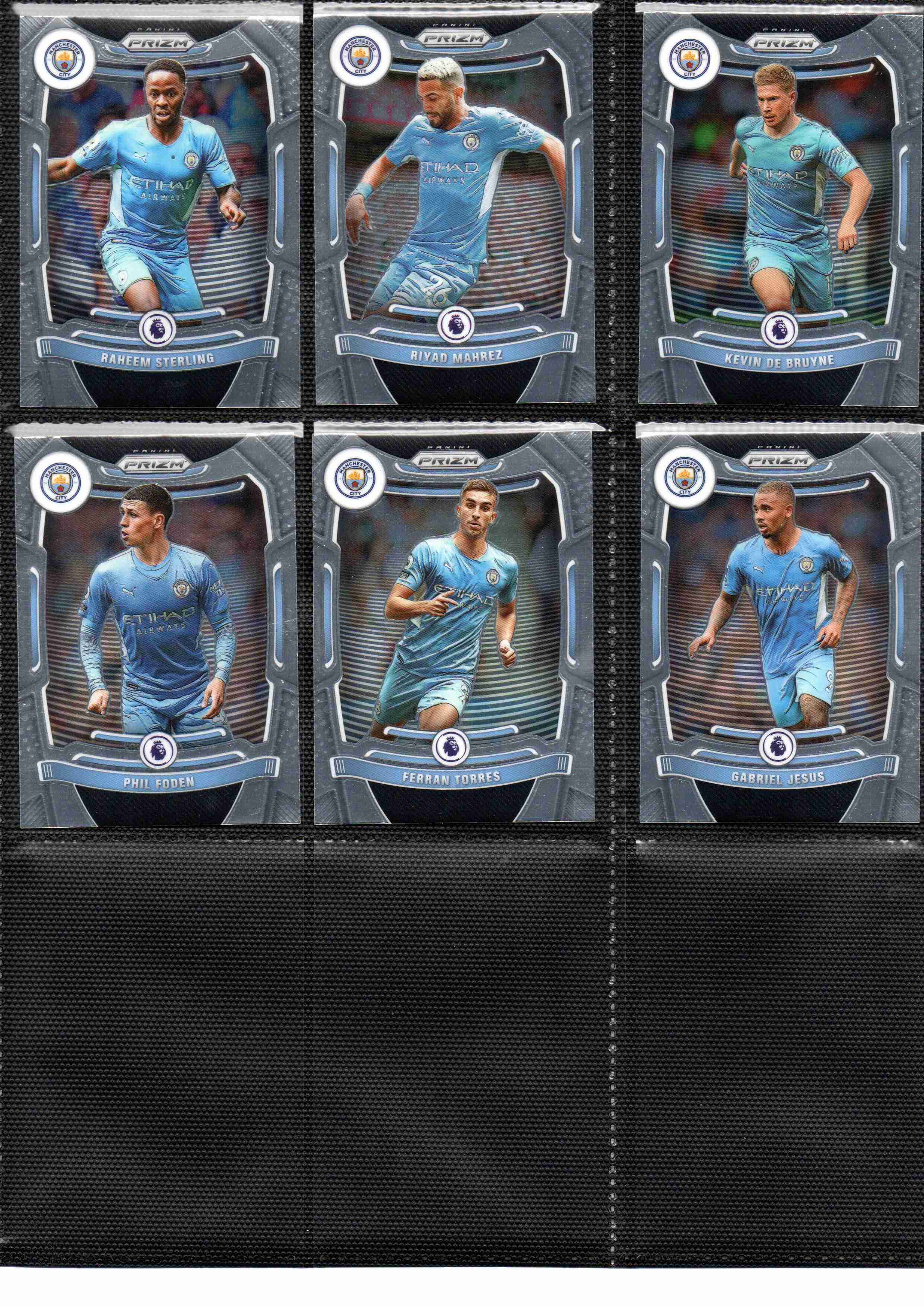 2021-22 EPL Panini Prizm Manchester City trading cards page 2 front view