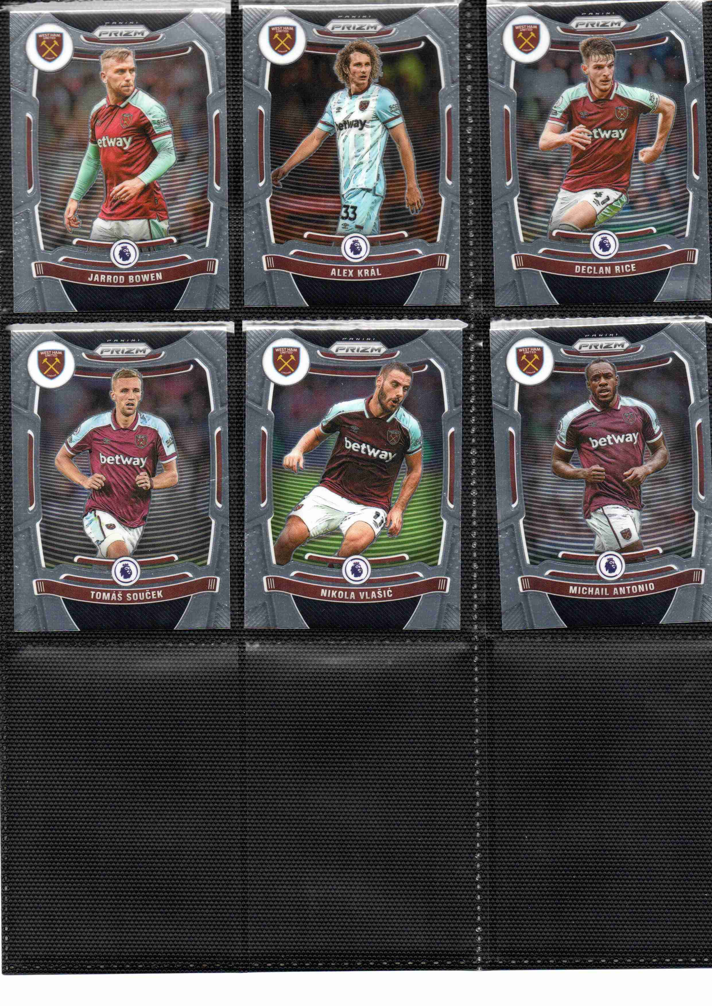 West Ham United 2021-22 Panini Prizm Premier League team set page 2 showing card fronts