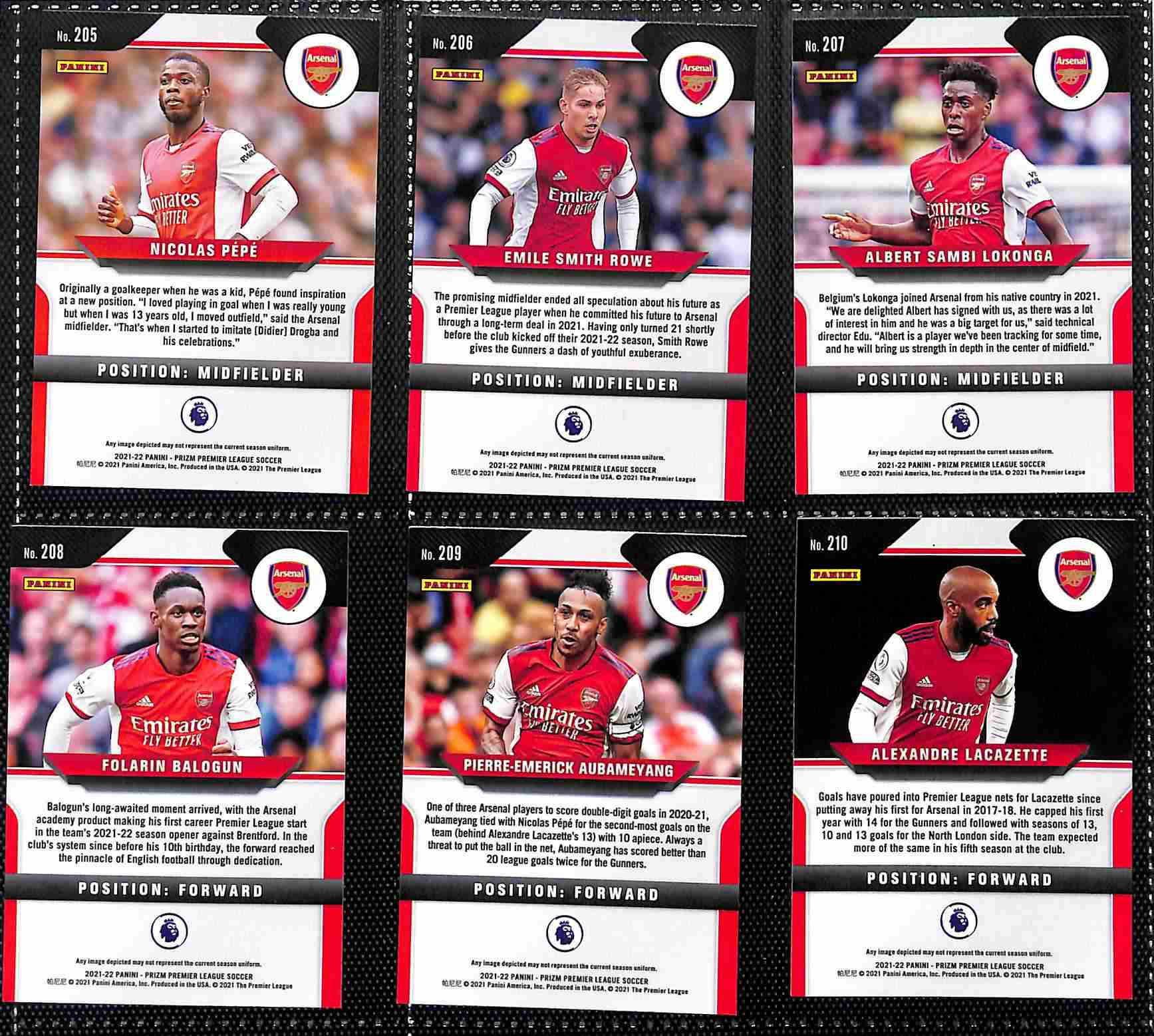 Arsenal 2021-22 Panini Prizm Premier League team set page 2 showing card reverse side