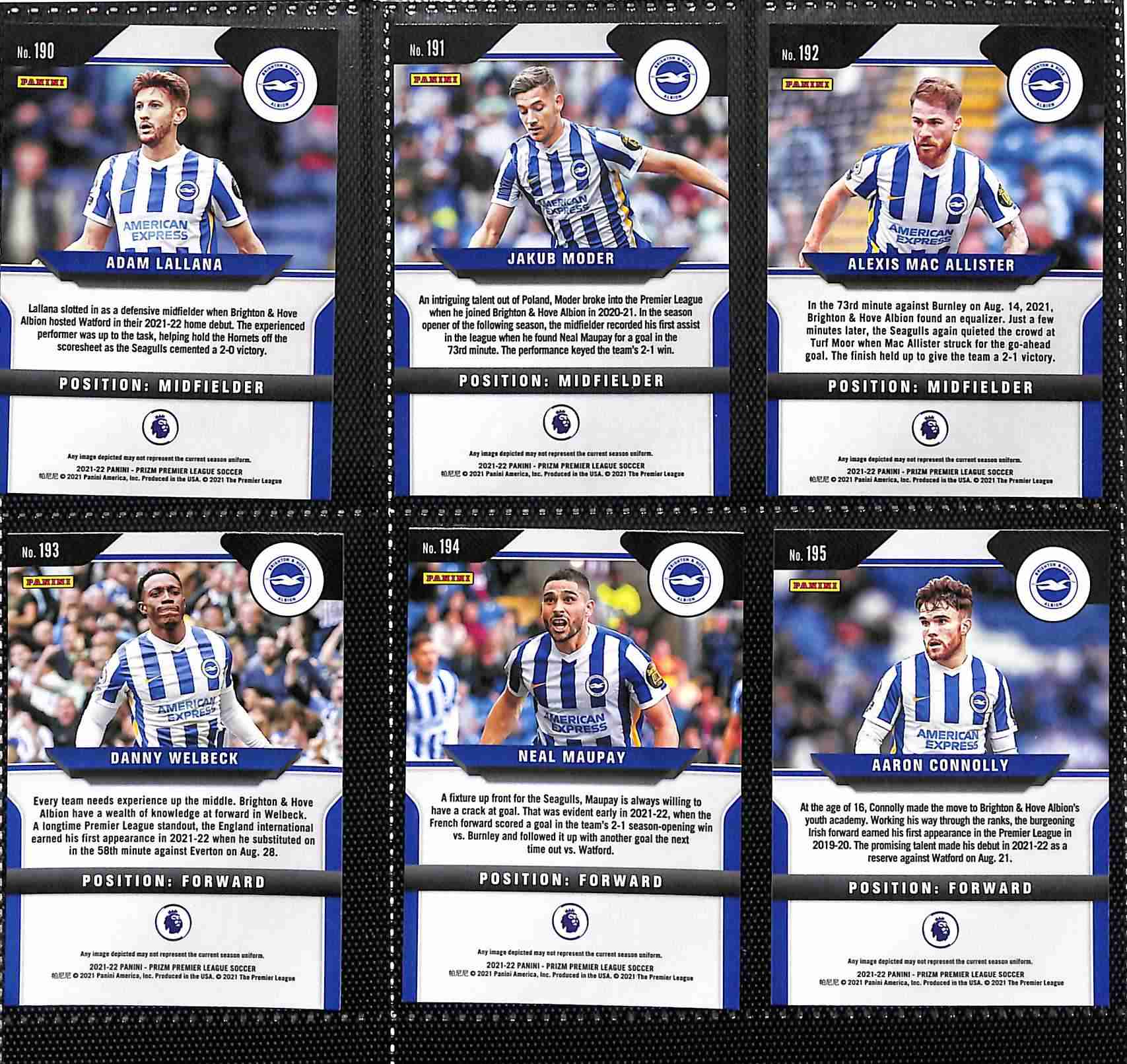 Brighton & Hove Albion 2021-22 Panini Prizm Premier League team set page 2 showing card reverse side