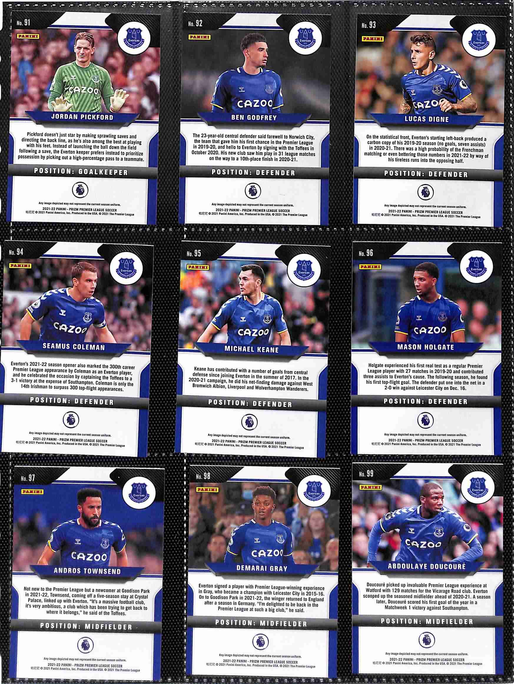 Everton 2021-22 Panini Prizm Premier League team set page 1 showing card reverse side