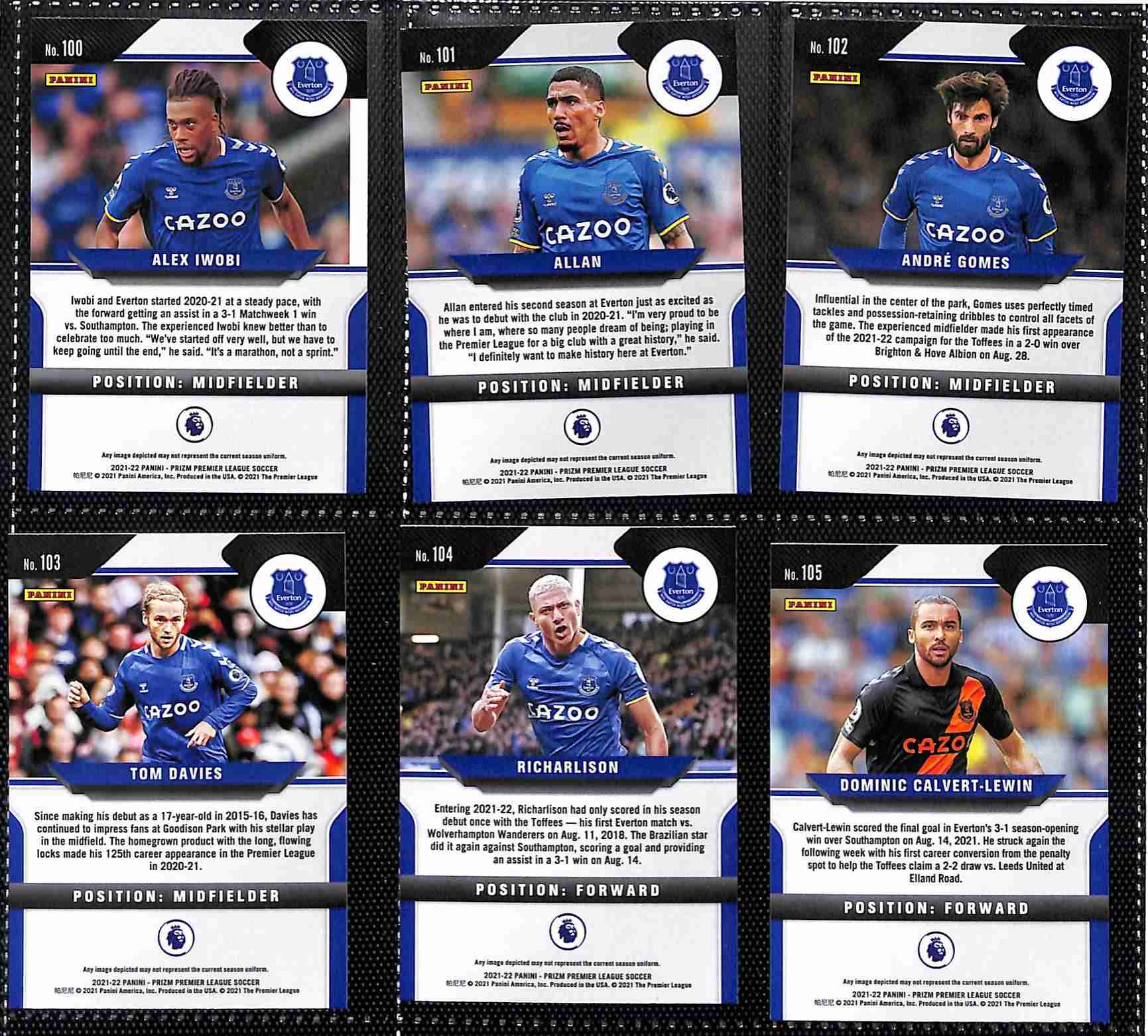 Everton 2021-22 Panini Prizm Premier League team set page 2 showing card reverse side