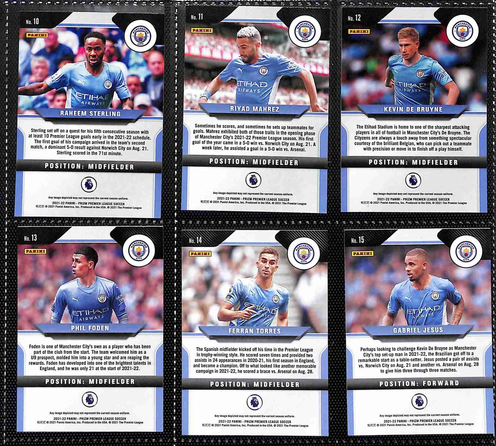 Manchester City 2021-22 Panini Prizm Premier League team set page 2 showing card reverse side