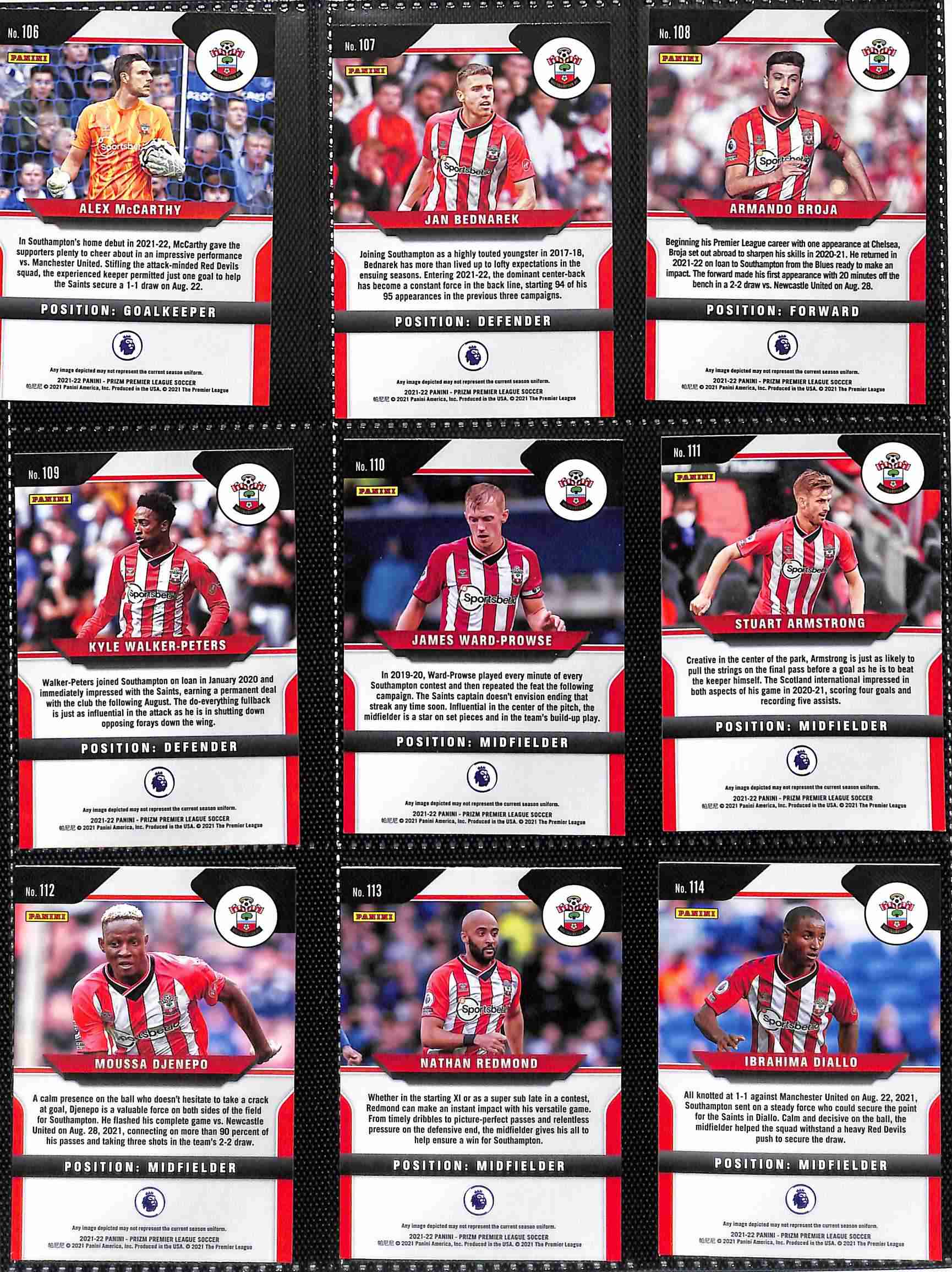 Southampton 2021-22 Panini Prizm Premier League team set page 1 showing card reverse side