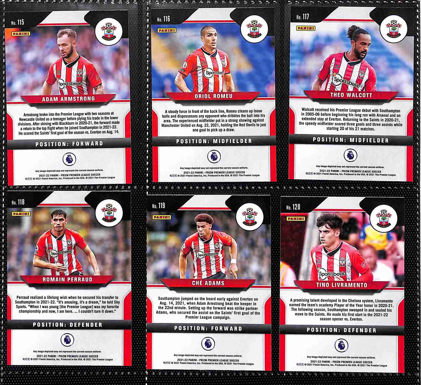 Southampton 2021-22 Panini Prizm Premier League team set page 2 showing card reverse side