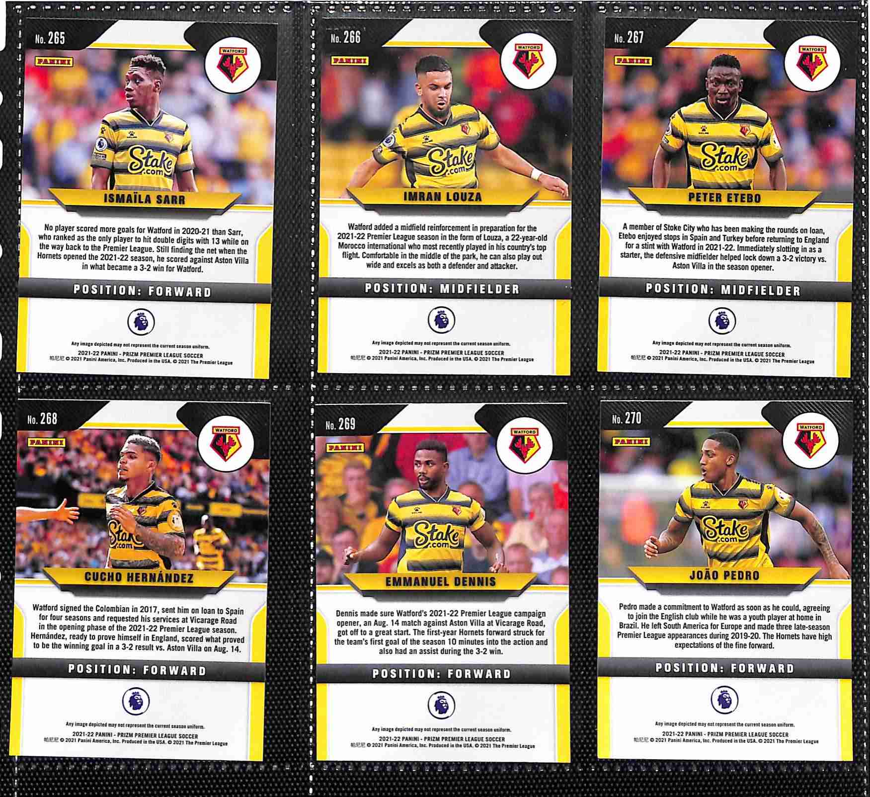 Watford 2021-22 Panini Prizm Premier League team set page 2 showing card reverse side