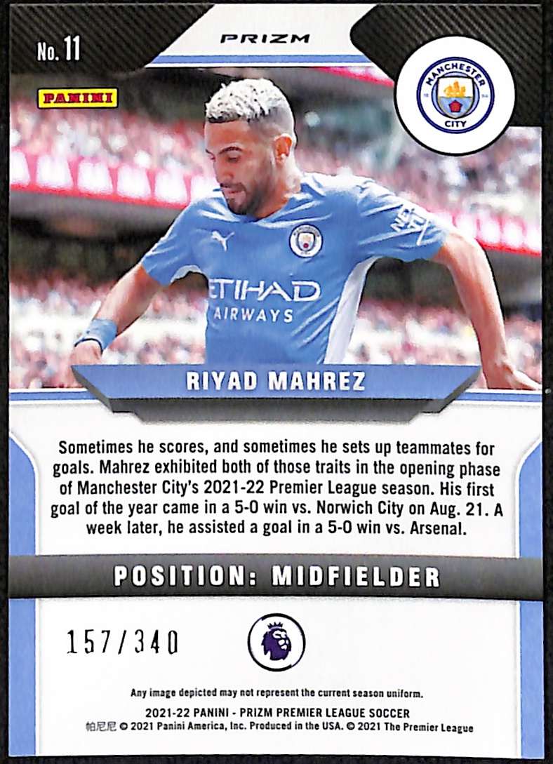 2021-22 Panini Prizm Premier League Blue Prizm Card 11 Riyad Mahrez 157/340 - Image 2