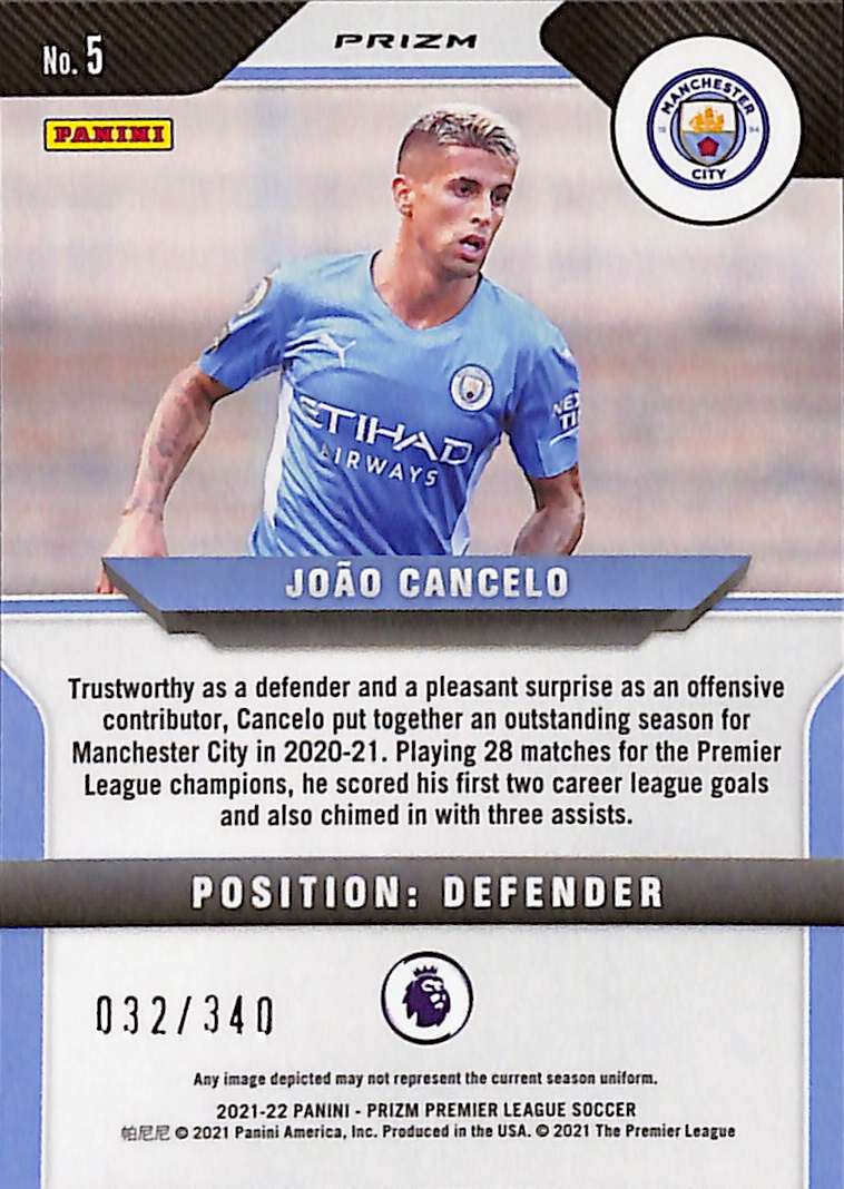 2021-22 Panini Prizm Premier League Blue Prizm Card 5 Joao Cancelo 32/340 - Image 2