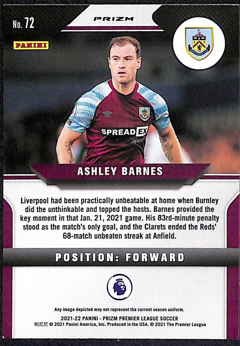2021-22 Panini Prizm Premier League Green Wave Card 72 Ashley Barnes - Image 2