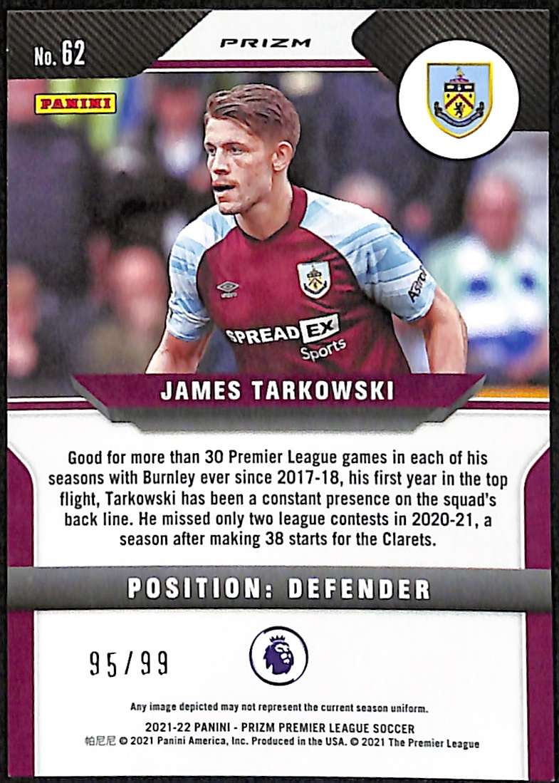 2021-22 Panini Prizm EPL Purple Prizm Card 62 James Tarkowski 95/99 - Image 2