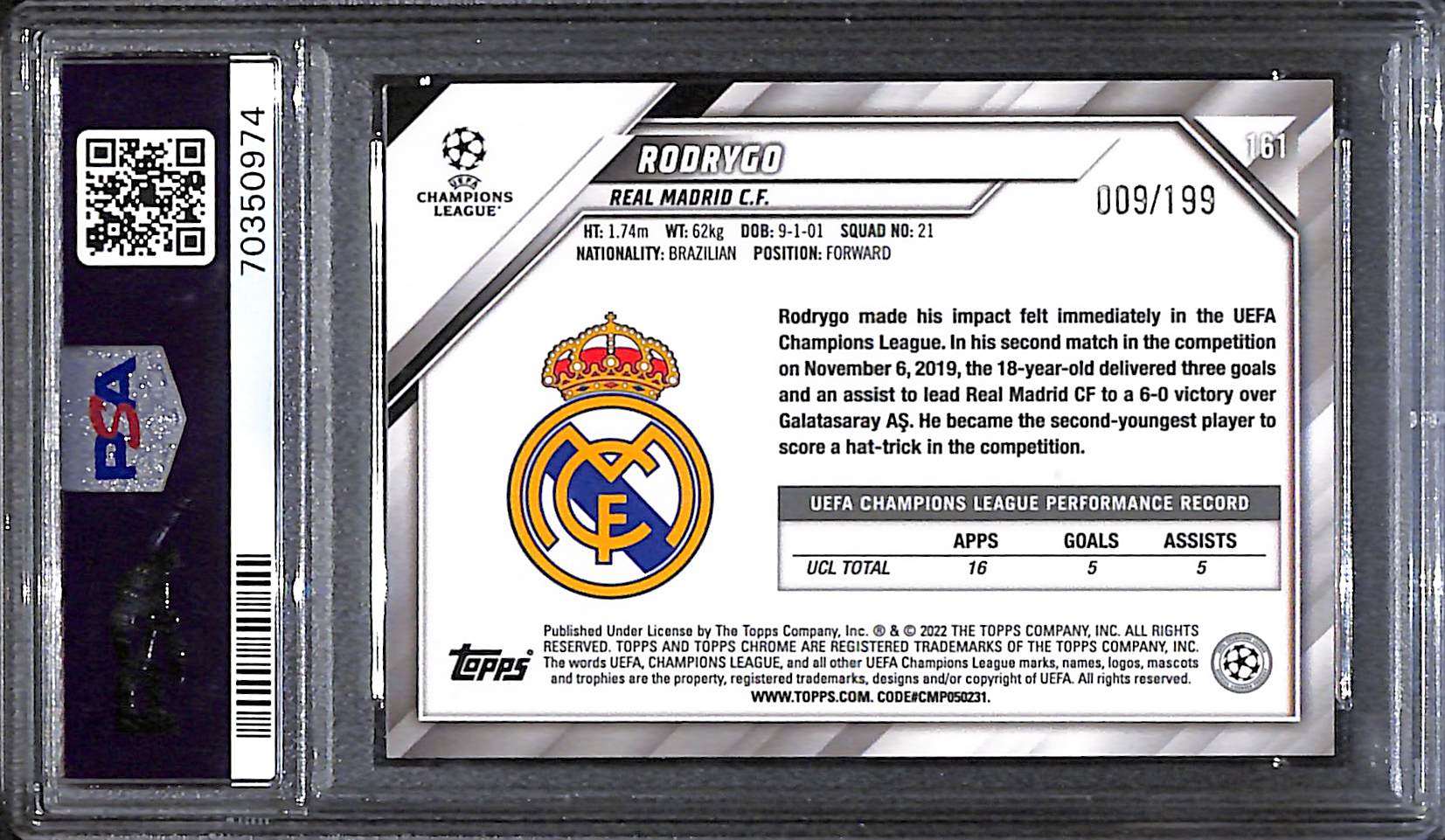 2021-22 Topps Chrome UCL Aqua Wave Refractor #161 Rodrygo PSA 10 9/199 - Image 2