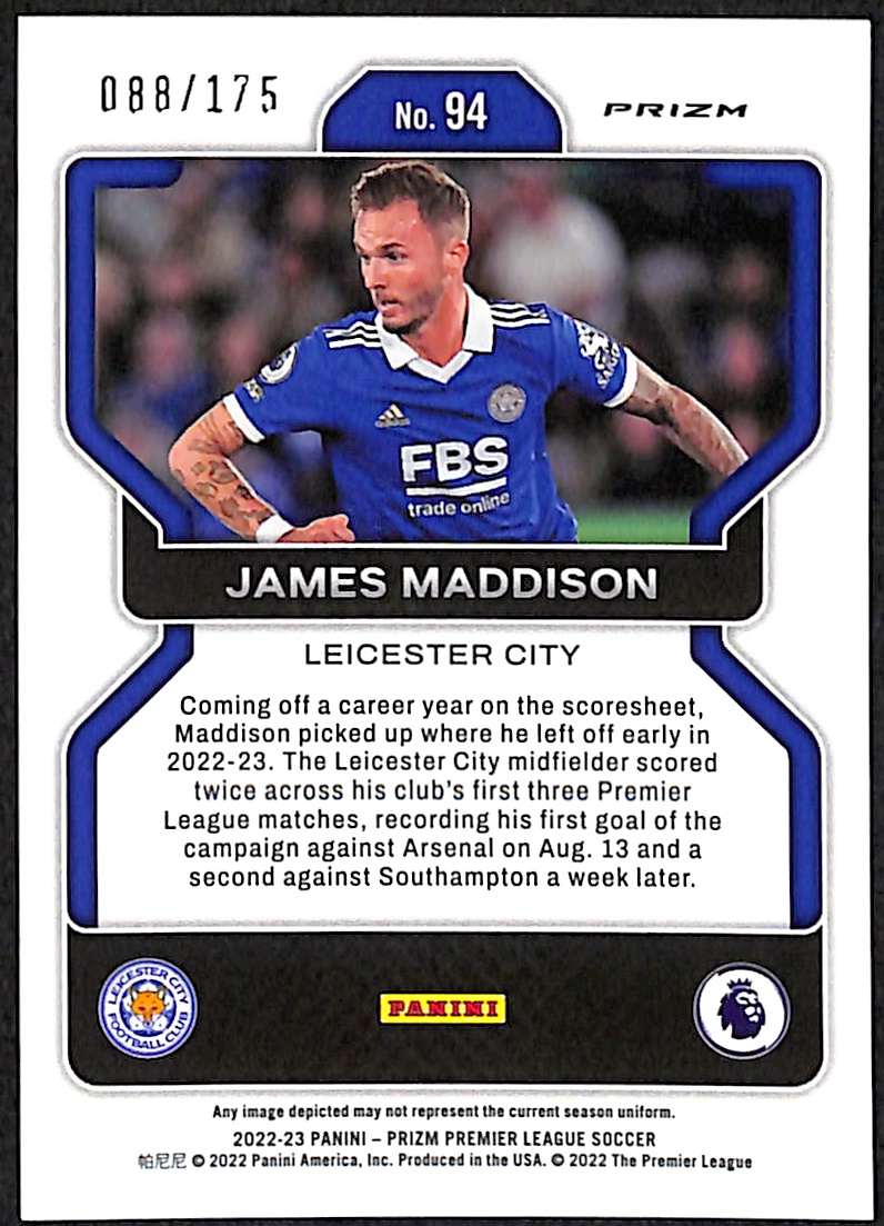 2022-23 Panini Prizm Premier League Blue Prizm Card 694 James Maddison 88/175 - Image 2