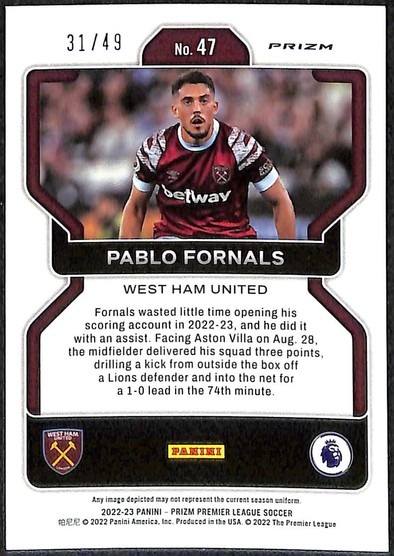 2022-23 Panini Prizm Premier League Purple Prizm Card 47 Pablo Fornals 31/49 - Image 2
