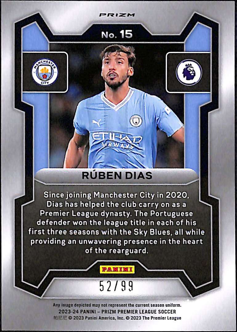 2023-24 Panini Prizm EPL Blue Breakaway Card 15 Ruben Dias 52/99 - Image 2